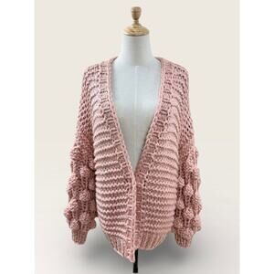 & Merci Blush Chunky Knit Cardigan w/ Bobble Knit Sleeve Detail, Size M
